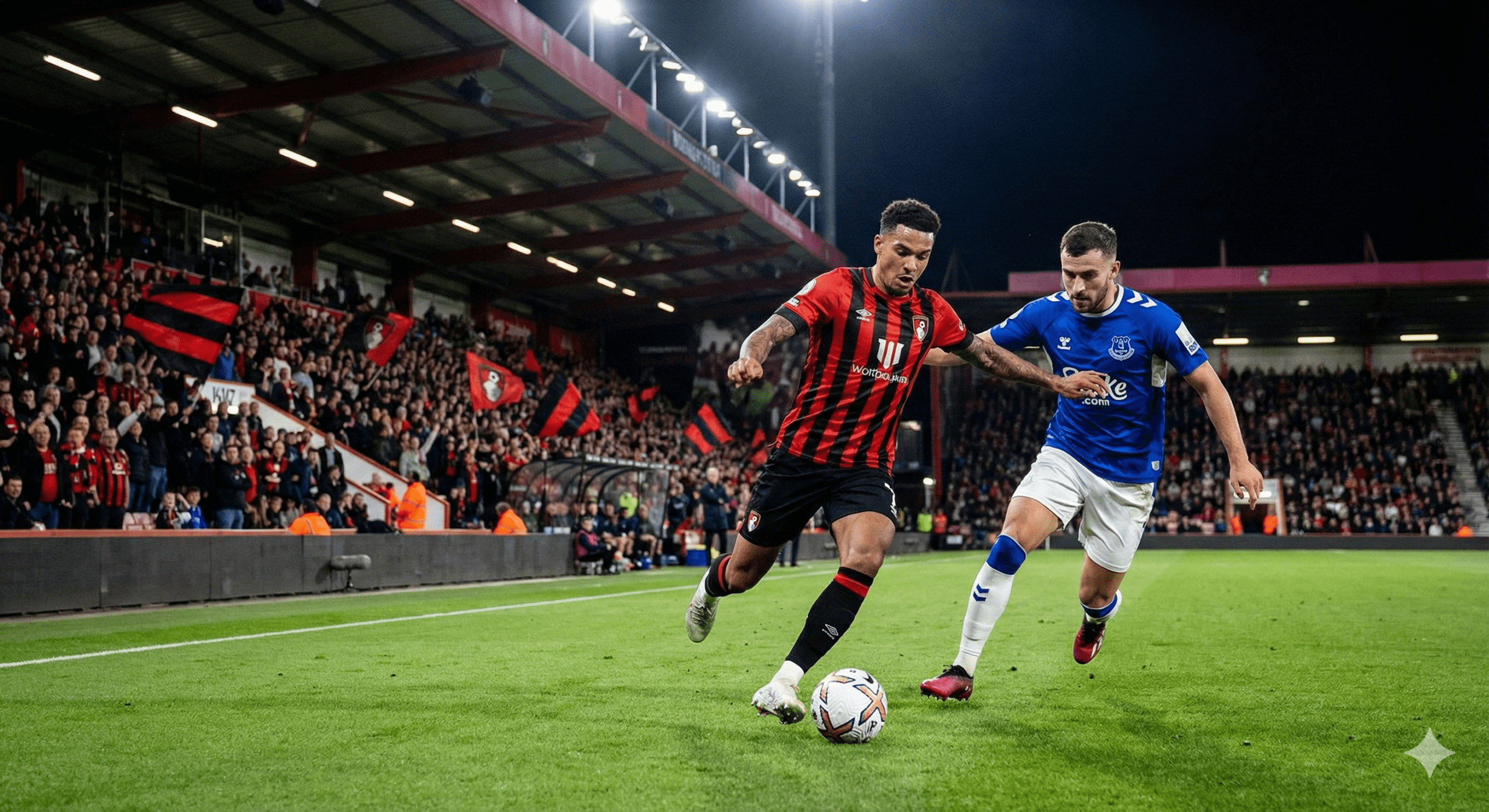 ภาพบรรยากาศการแข่งขันฟุตบอลพรีเมียร์ลีกที่เต็มไปด้วยพลังและความดุเดือด ณ สนามวิทาลิตี้ สเตเดี้ยม ภายใต้แสงไฟสปอร์ตไลท์ยามค่ำคืน โฟกัสไปที่นักเตะบอร์นมัทในชุดลายทางสีแดงดำกำลังเลี้ยงบอลบุกฝ่าแนวรับของเอฟเวอร์ตันในชุดสีน้ำเงิน ท่ามกลางเสียงเชียร์กึกก้องจากแฟนบอลบนอัฒจันทร์ที่โบกธงสโมสร ภาพสื่อถึงความมุ่งมั่นของเจ้าบ้าน 'เดอะ เชอร์รีส์' ที่ต้องการกลับสู่เส้นทางแห่งชัยชนะอย่างแรงกล้า กราฟิกมีความคมชัดสูงและสมจริง