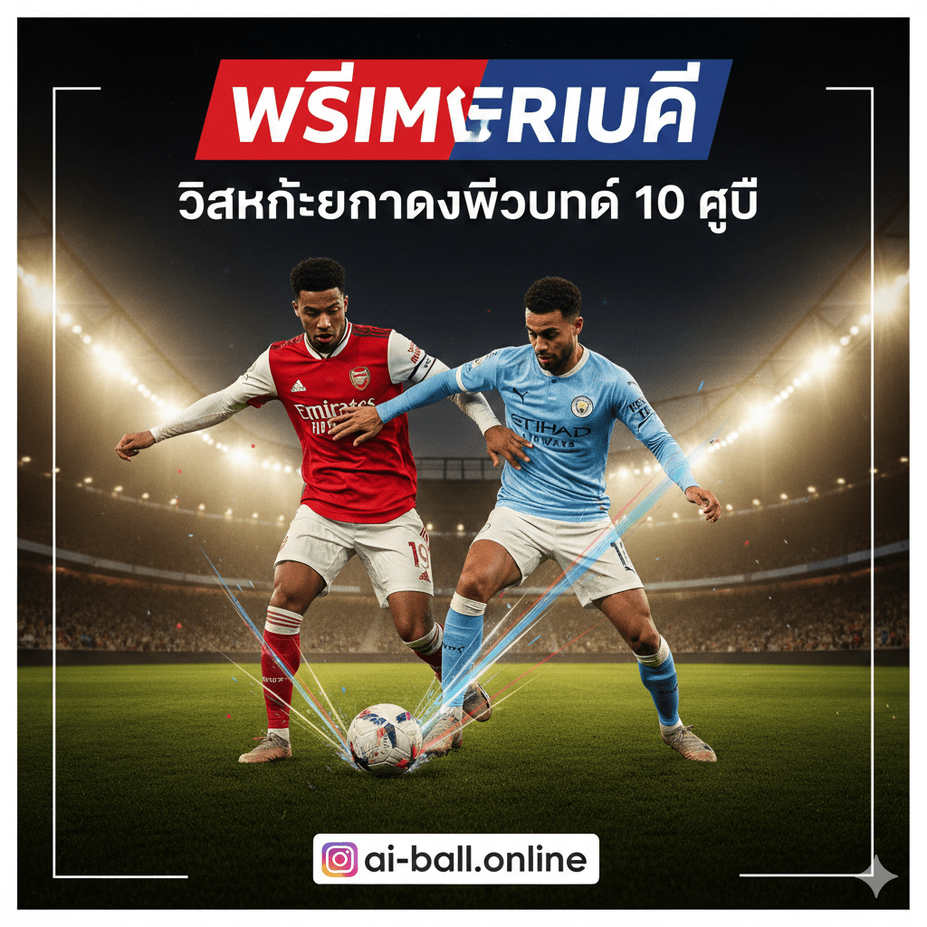 ภาพกราฟิกปกบทความฟุตบอลพรีเมียร์ลีกอังกฤษที่น่าตื่นเต้นสำหรับการวิเคราะห์การแข่งขันกลางสัปดาห์ โดดเด่นด้วยภาพตัดต่อของนักเตะซูเปอร์สตาร์จากทีมชั้นนำอย่างอาร์เซนอลและแมนเชสเตอร์ ซิตี้ ในท่าทางกำลังแข่งขันแย่งชิงลูกฟุตบอลอย่างดุเดือด ฉากหลังเป็นสนามฟุตบอลขนาดใหญ่ยามค่ำคืนที่มีแสงไฟสปอร์ตไลท์ส่องสว่างไปทั่วสนาม บรรยากาศเต็มไปด้วยพลังและความกดดันของการแข่งขันระดับสูง การใช้โทนสีต้องมีความสดใสและตัดกันอย่างชัดเจน เพื่อดึงดูดสายตาและสื่อถึงความเข้มข้นของเกมฟุตบอล เหมาะสำหรับใช้เป็นภาพหัวข้อข่าวบนเว็บไซต์ข่าวกีฬาและการเดิมพัน