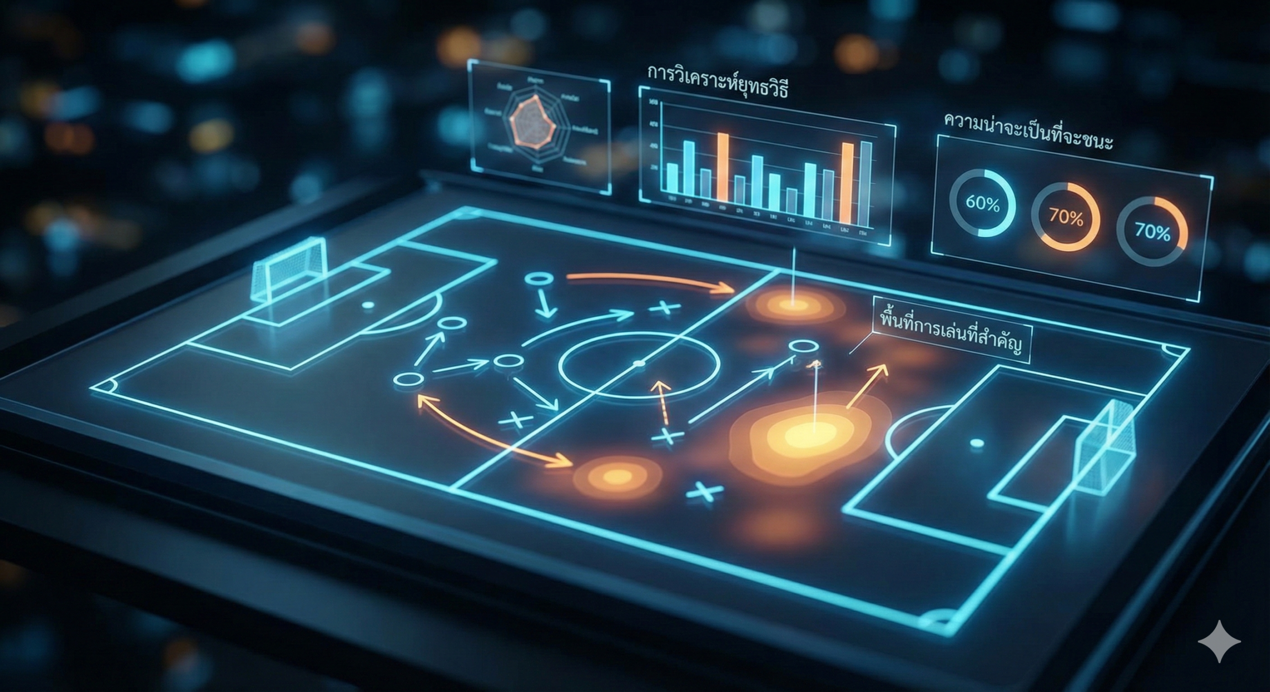 A sophisticated, tech-inspired close-up image representing sports analysis and match predictions. The visual focuses on a digital tactical board or a tablet screen displaying a glowing holographic soccer field with strategic markings, heat maps, and player movement arrows. Surrounding the field are abstract data visualizations, such as bar charts and win probability percentages in neon blue and orange tones, reinforcing the 'AI' and data-driven nature of the predictions. The background is dark and blurred to keep the focus on the analytics interface, making it perfect for breaking up the text between the match previews.