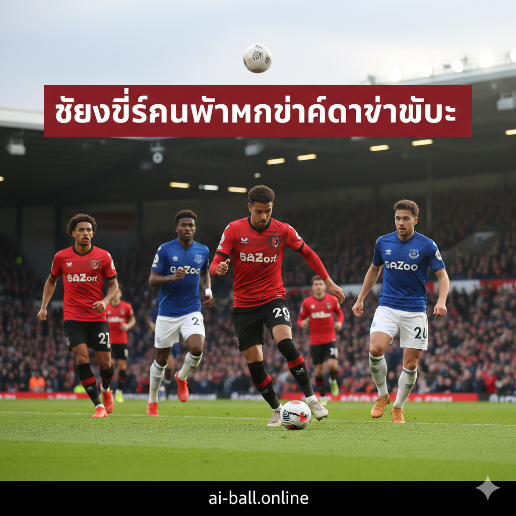 ภาพถ่ายจังหวะแอ็คชั่นในสนามฟุตบอล เน้นช็อตเกมรุกของทีมบอร์นมัธที่กำลังบุกเข้าใส่แนวรับของเอฟเวอร์ตัน ผู้เล่นกองหน้ากำลังง้างเท้ายิงประตูหรือเลี้ยงบอลหลบหลีกคู่แข่ง แสดงให้เห็นถึงความรวดเร็วและความดุดันของเกมการแข่งขัน พื้นหญ้าสีเขียวสดตัดกับสีเสื้อของนักเตะ ภาพนี้ใช้ประกอบเนื้อหาในส่วนการวิเคราะห์ฟอร์มการเล่นและการทำนายผลการแข่งขันที่คาดว่าเจ้าบ้านจะเป็นฝ่ายบุกและคว้าชัยชนะได้