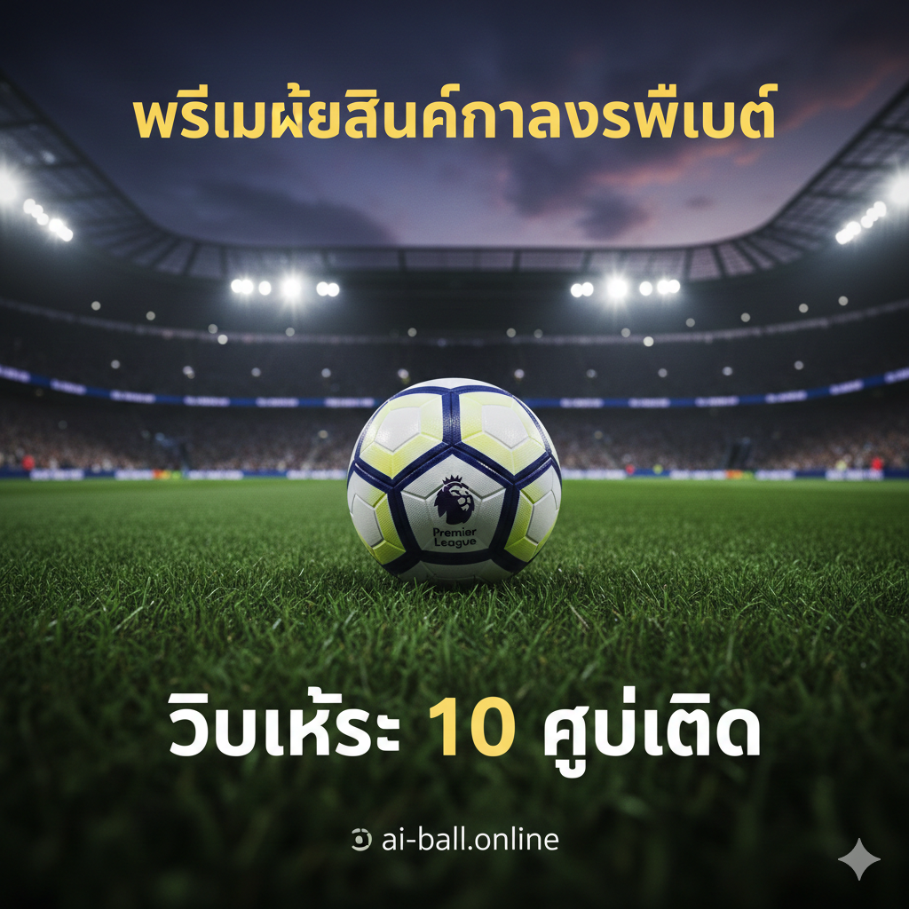 A high-energy cinematic wide shot of a modern Premier League stadium under bright floodlights at night. In the center, a professional football rests on the lush green grass with the Premier League logo visible. The background shows blurred silhouettes of cheering fans in the stands, creating an intense match-day atmosphere. The color palette features vibrant greens from the pitch, deep blues and purples of the night sky, and bright white light from the stadium lamps. The composition is low-angle to give a heroic and grand feel to the scene.