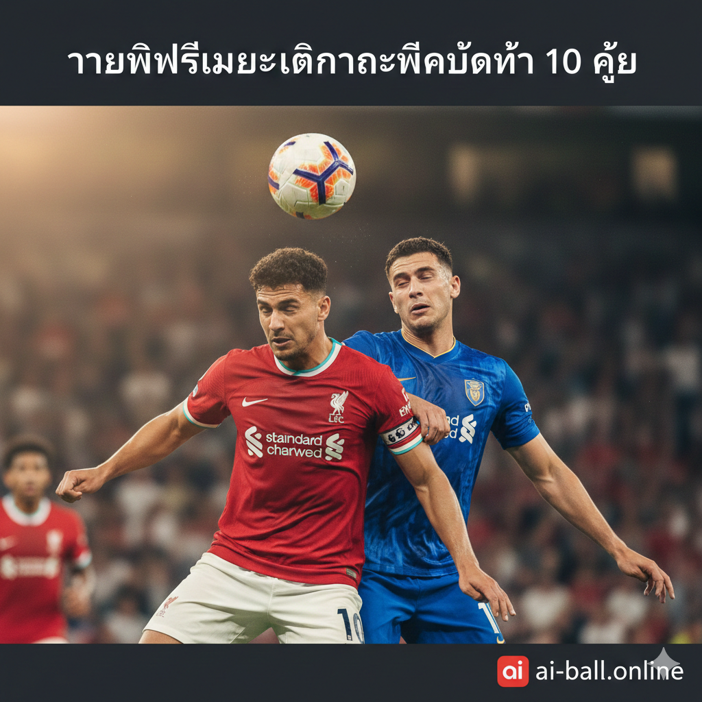 A dynamic action shot of two professional football players in contrasting kits (red vs blue) competing for a header during a intense match. The focus is sharp on the players and the ball in the air, with a shallow depth of field blurring the stadium background. The lighting is dramatic, capturing beads of sweat and the texture of the jerseys. The style is realistic sports photography, using warm lighting and high contrast to emphasize the physical competition and high stakes of the midweek fixtures.