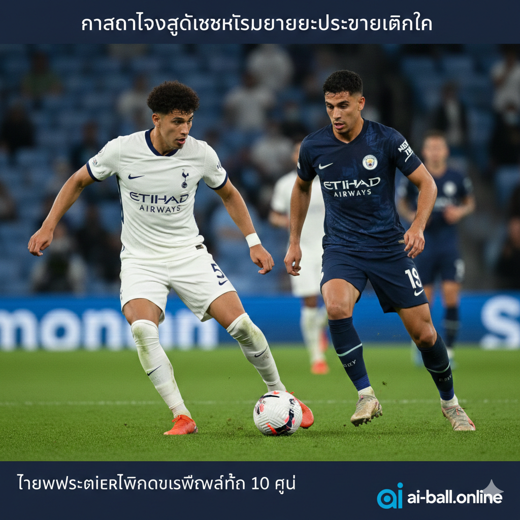 A focused, mid-range shot showing a tactical battle on the pitch. A player in a white kit (representing Tottenham/Fulham style) is dribbling past a defender in a dark sky-blue kit (representing Man City). The background shows the blurred sidelines and a modern scoreboard. The lighting is crisp and clear, emphasizing the sweat and determination on the players' faces. The color palette is vivid, focusing on the contrast between the team colors and the emerald green turf. Sharp focus on the ball and the players' footwork, professional sports photography style.