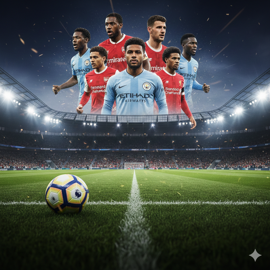 A dynamic and high-energy cinematic wide shot of a modern Premier League stadium illuminated under floodlights at night. In the foreground, blurred grass and a professional football with the Premier League logo. In the background, silhouettes of iconic players from top clubs like Arsenal, Man City, and Liverpool are artistically blended into a collage. The color palette features deep stadium blues, vibrant grass greens, and flashes of team colors like red and sky blue. The composition uses a low-angle perspective to create a sense of scale and excitement, with subtle light streaks and bokeh effects in the air to signify the intensity of a midweek matchday.