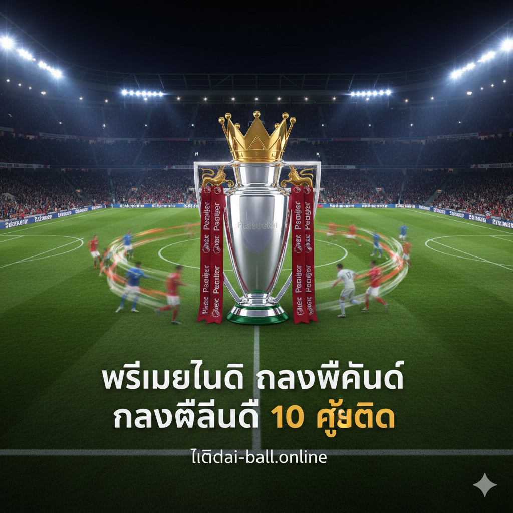 A cinematic high-angle shot of a modern Premier League stadium at night under bright floodlights. In the center, a high-quality 3D render of the Premier League trophy glimmers. Surrounding the trophy are blurred motion trails of football players in red, blue, and white jerseys, symbolizing the intensity of the title race. The color palette features deep stadium greens, vibrant electric blues, and gold accents. The atmosphere is energetic and professional, with a shallow depth of field focusing on the trophy.