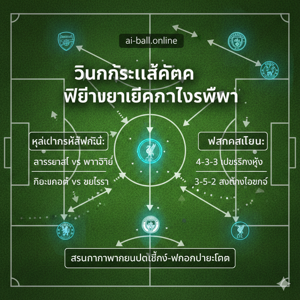 A detailed digital illustration of a tactical football chalkboard mixed with modern technology. It shows a green pitch background with glowing white tactical lines, arrows indicating player movements, and digital icons representing key clubs like Arsenal, Man City, and Liverpool. The style is sleek and analytical, using a dark emerald green and neon cyan color scheme. This visual represents the strategic nature of the midweek predictions and the head-to-head battles between the 20 clubs.