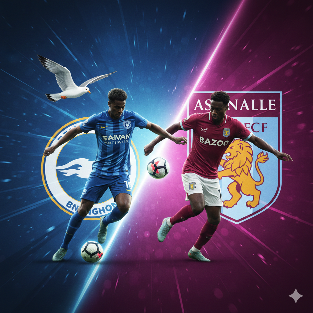 A conceptual split-screen or dynamic action illustration representing the battle for the top four spots. On one side, elements of Brighton (seagull motif, blue and white stripes) and on the other, Aston Villa (lion motif, claret and blue). The image features two generic professional players in silhouette competing for a glowing soccer ball. The style is modern digital art with vibrant neon accents and motion blur, emphasizing the tactical and high-stakes nature of the Brighton vs. Aston Villa match.