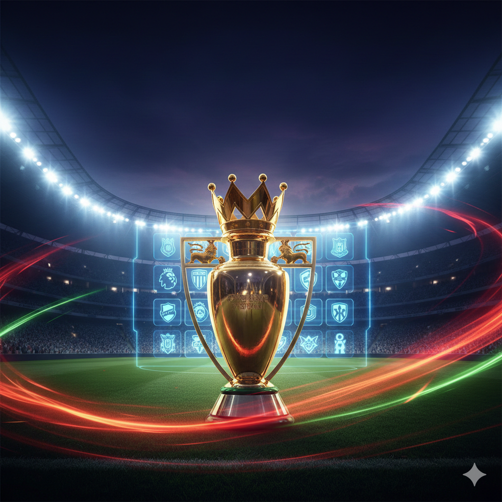 A high-impact cinematic promotional poster for the Premier League midweek matches. The center features a glowing golden trophy and a digital scoreboard displaying upcoming match logos. The background is a blurred stadium at night under bright floodlights with a cool blue and deep purple color palette. Dynamic light streaks in red and neon green swirl around the frame to represent energy and competition. Professional sports broadcast style with sharp focus, high contrast, and a wide-angle composition.