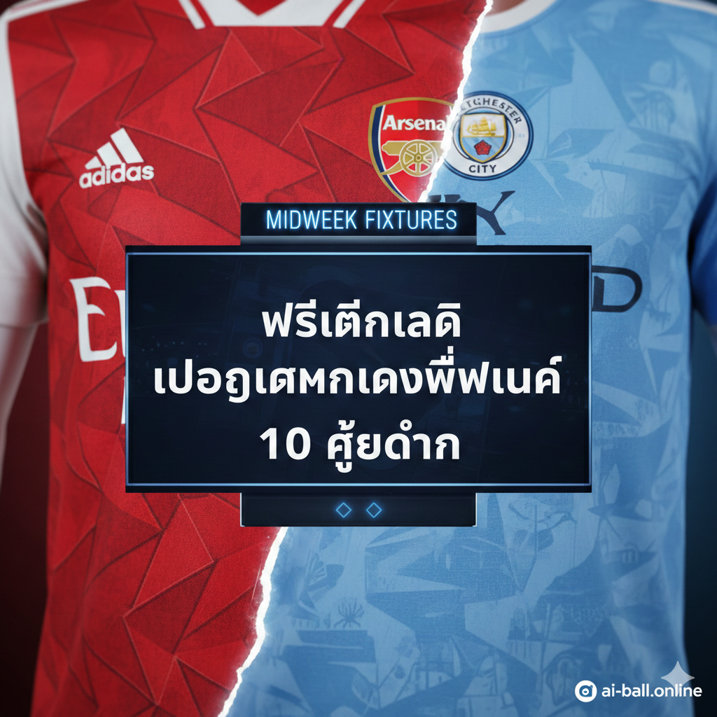 A conceptual split-screen composition representing the intense title race between Arsenal and Manchester City. On one side, subtle red and white architectural elements or jersey textures; on the other, sky blue and white. In the middle, a digital scoreboard display showing 'MIDWEEK FIXTURES' with flickering neon lights. The style is modern sports broadcast graphics with a touch of grit. Sharp focus on the foreground elements with a shallow depth of field, using high-contrast lighting to highlight the tension of the top-of-the-table battle.