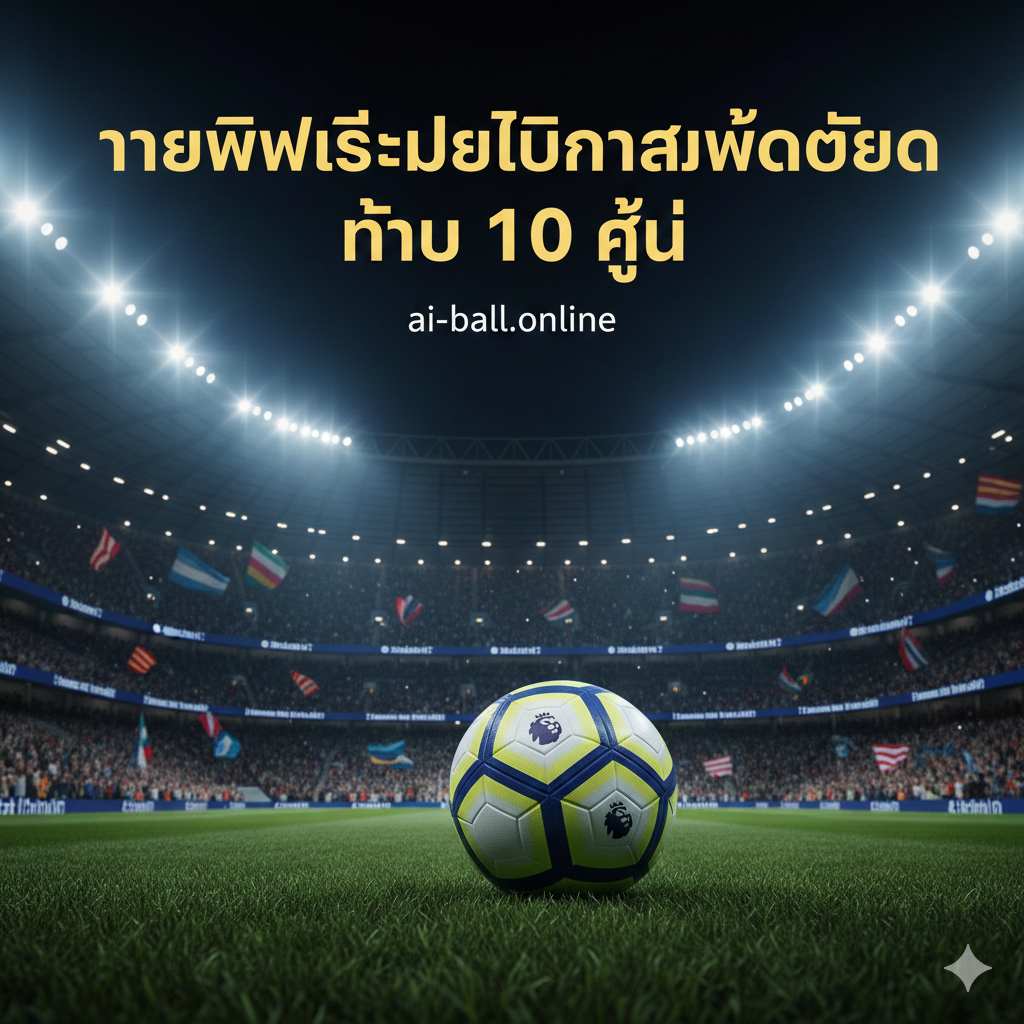 A high-intensity, cinematic stadium atmosphere at night under bright floodlights for a Premier League match. The foreground features a professional football with the iconic league branding on a lush green grass pitch. In the background, a blurred, packed stadium with fans waving colorful flags. The lighting is dramatic with cool blues and vibrant stadium glows, capturing the excitement and prestige of a midweek matchday. The composition is a low-angle shot focusing on the ball and the vastness of the arena.