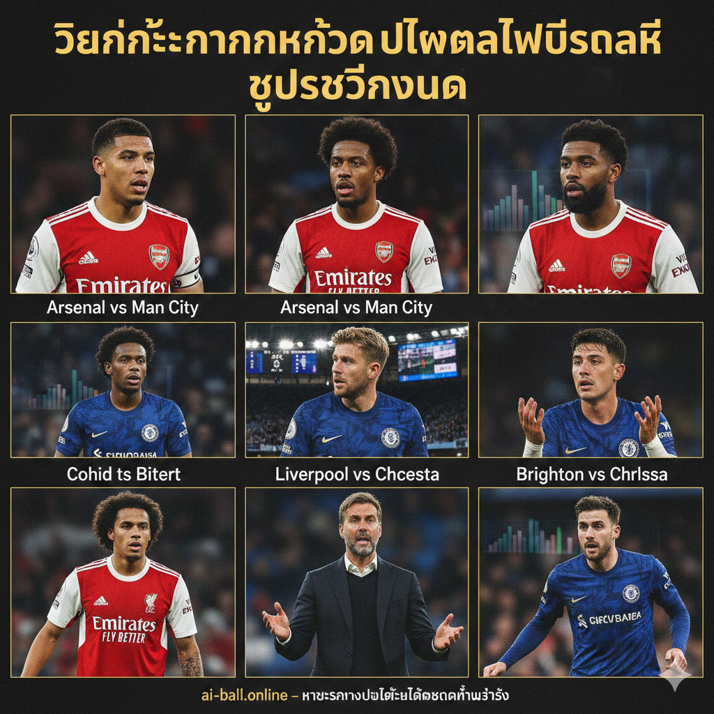 Hình ảnh minh họa cho sự đối đầu giữa các đội bóng hàng đầu như Arsenal, Man City và Liverpool. Hình ảnh chia làm nhiều khung hình ghép lại (collage style) một cách mượt mà, hiển thị cận cảnh biểu cảm quyết tâm của các cầu thủ ngôi sao và các chiến thuật gia trên đường biên. Màu sắc rực rỡ, độ tương phản cao với các yếu tố đồ họa như bảng tỉ số điện tử và biểu đồ phong độ mờ ảo phía sau. Ánh sáng tập trung vào các chi tiết như huy hiệu câu lạc bộ trên áo đấu và mặt cỏ sân vận động AMEX hoặc Emirates, tạo cảm giác chuyên sâu về phân tích bóng đá chuyên nghiệp.